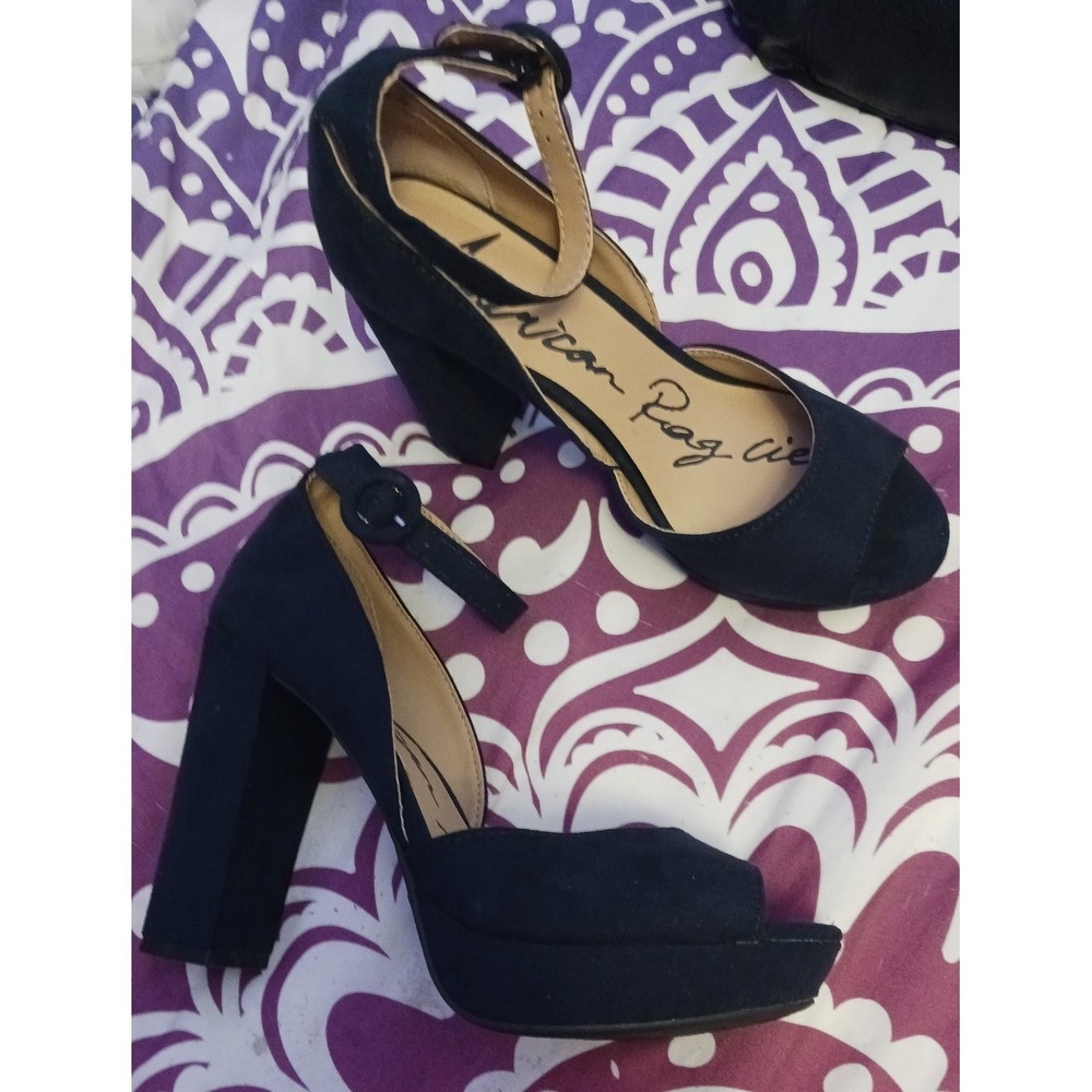 American Rag Navy Suede Ankle Strap Peep Toe Chunk Heels, Size 6.5